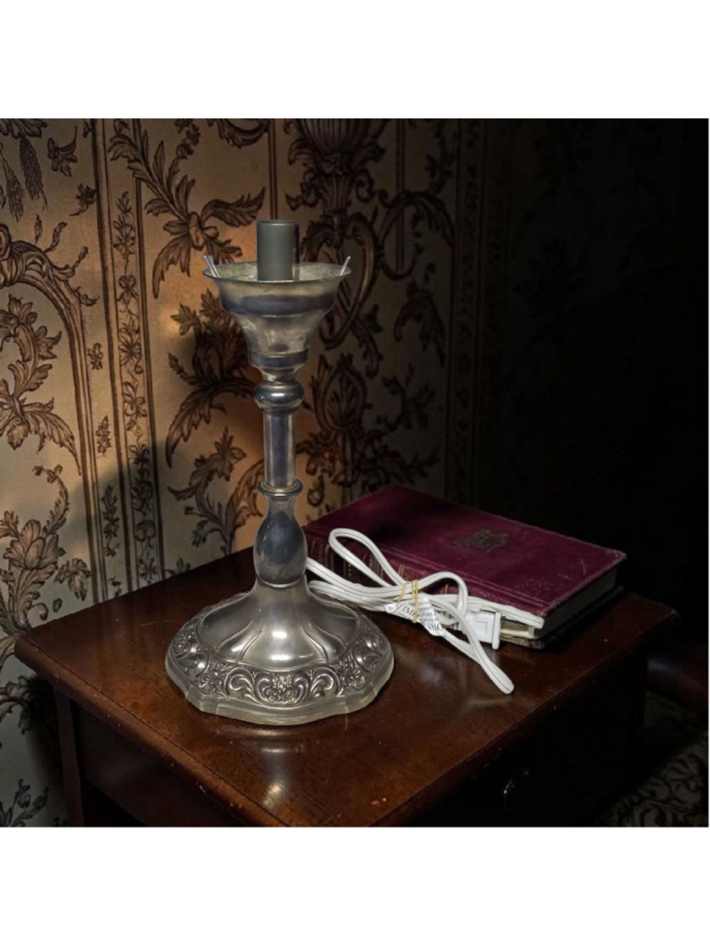 Vintage 70s 80s Silver Plated Victorian Style Candlestick Plug in Lamp Light